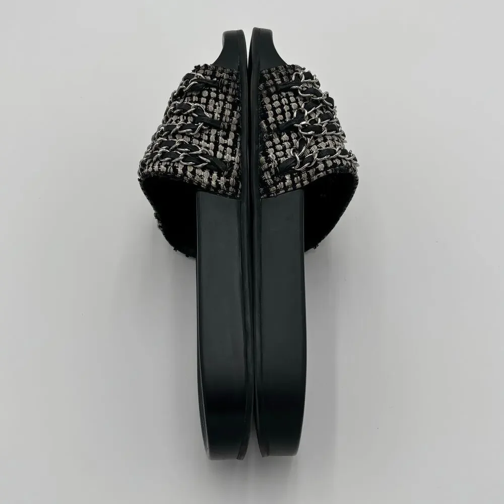 Chanel CC Chain Slide Sandals Flat Canvas Slip On Shoes Black Tweed Size 38